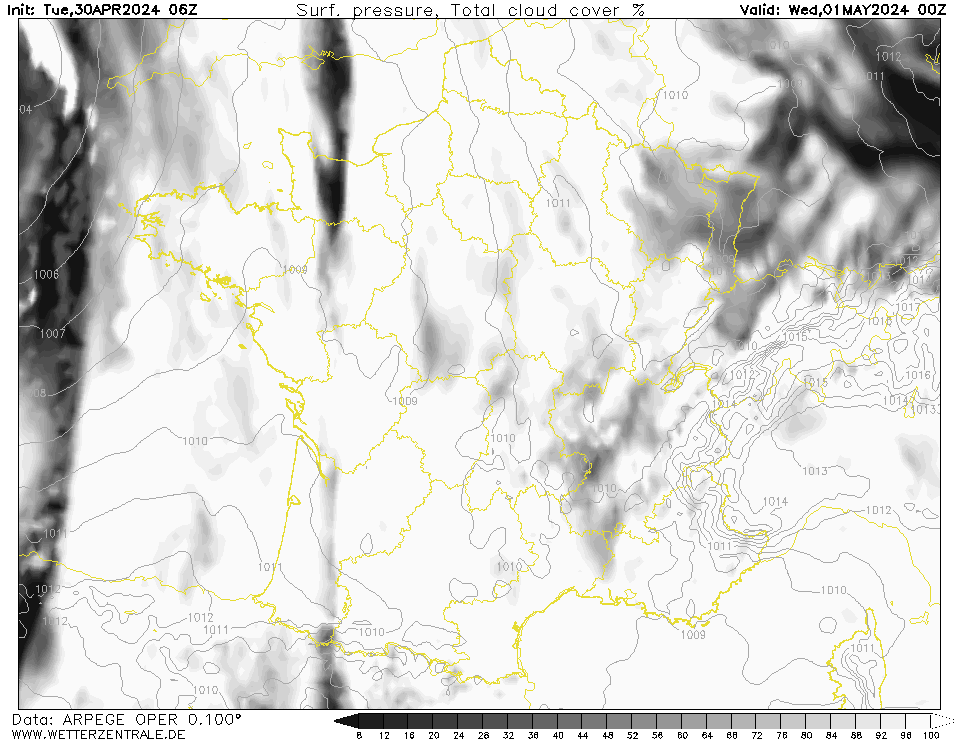 Prévision couverture nuageuse (totale), calculée pour 24 h TU = 00 h TU le lendemain