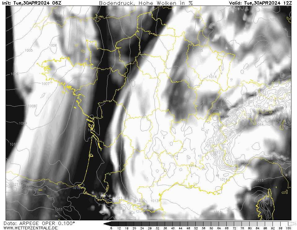 Prévision couverture nuageuse (nuages élevés), calculée pour 12 h TU