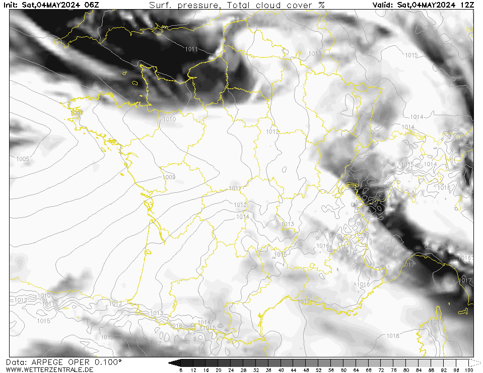Prévision couverture nuageuse (totale), calculée pour 12 h TU