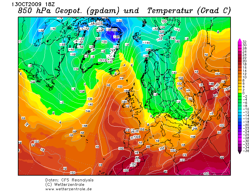 Teplota vzduchu v hladině 850hPa 13.10.2009.
