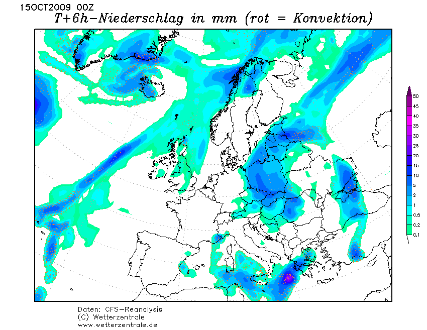 Níže Xavier. Srážky za 6 hodin nad Evropou 15.10.2009 do 2h.