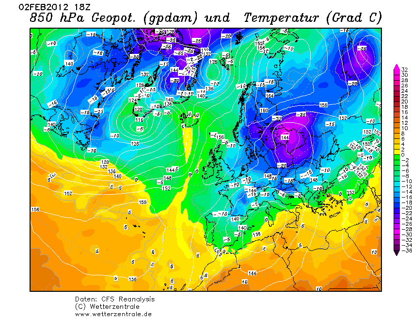 850 hPa Temperatur 02.02.2012, 18 UTC