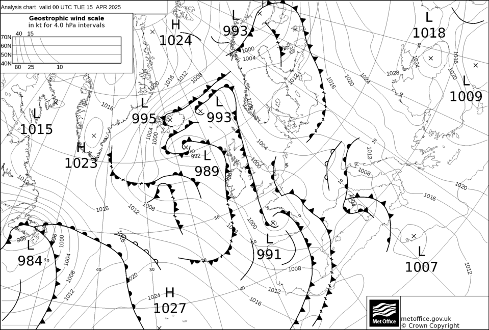 Mappa di analisi con isobare e fronti (Met Office)