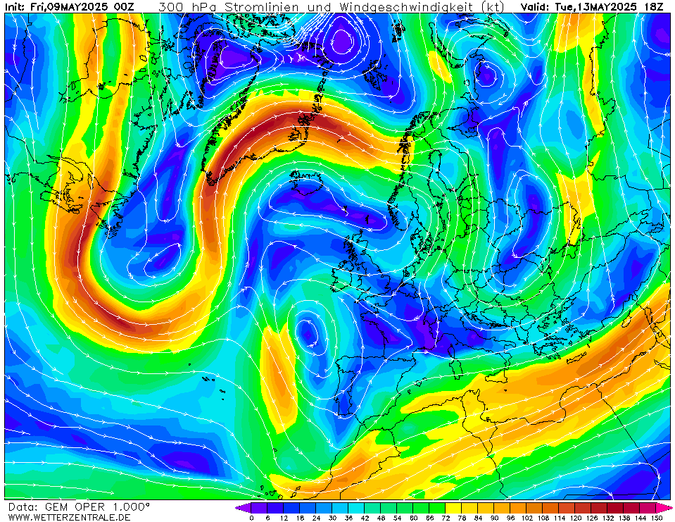 Výhled větru - vítr v 300hPa.