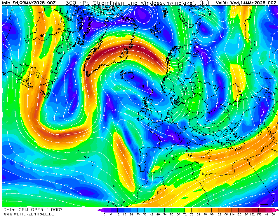 Výhled větru - vítr v 300hPa.