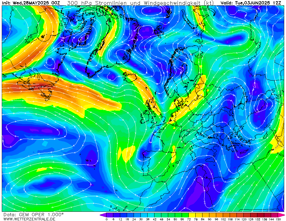 Výhled větru - vítr v 300hPa.