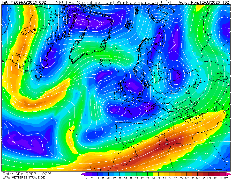 Výhled větru - vítr v 200hPa.