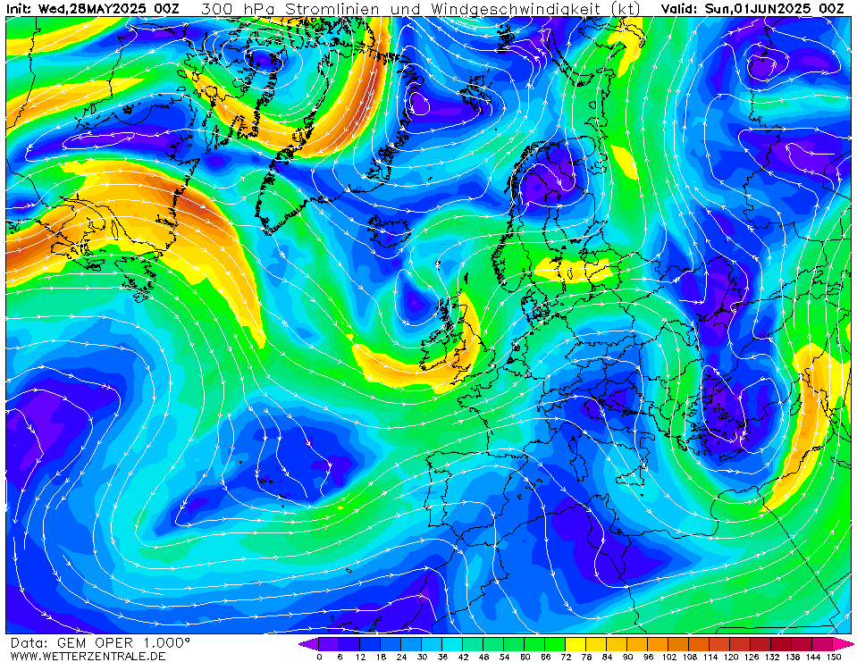 Výhled větru - vítr v 300hPa.