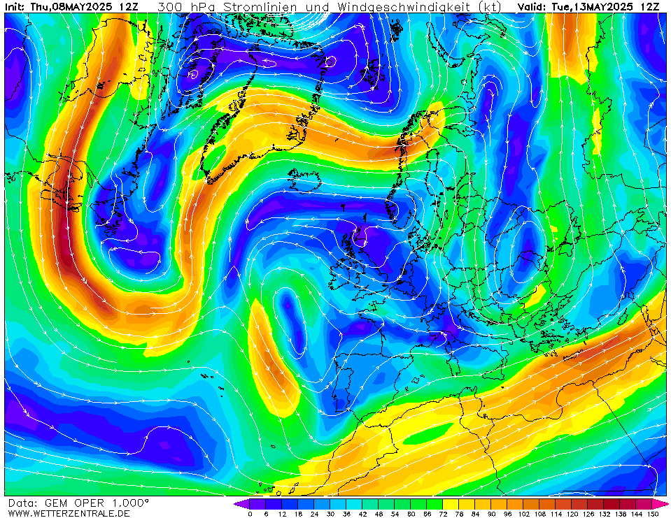 Výhled větru - vítr v 300hPa.