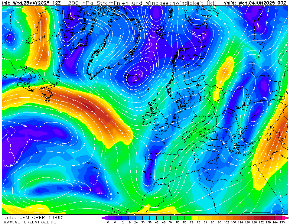 Výhled větru - vítr v 200hPa.