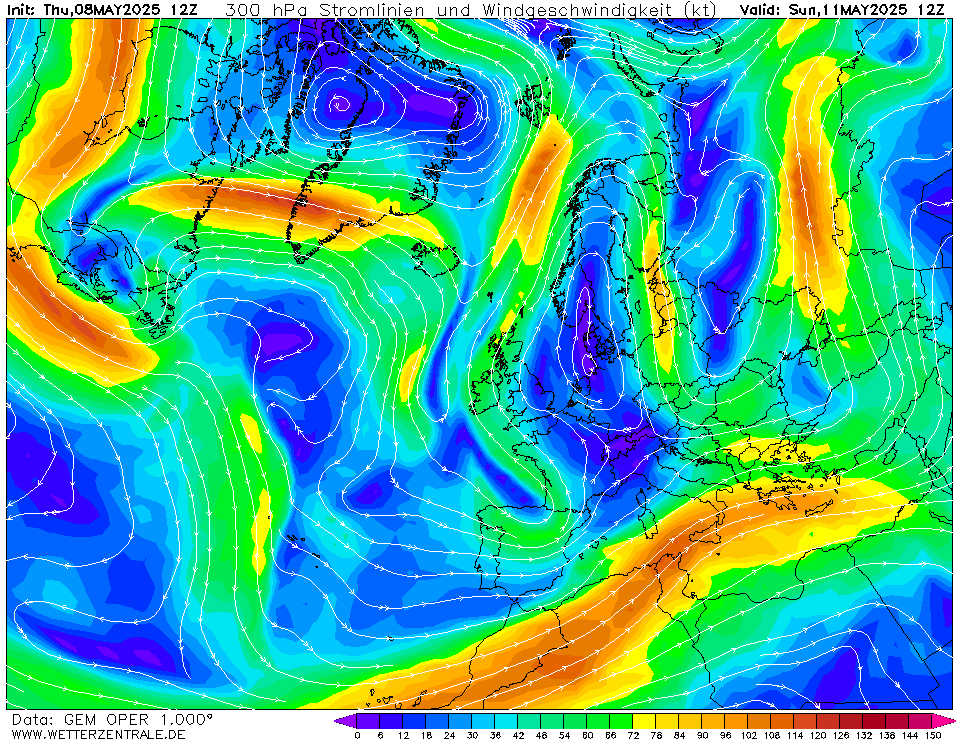 Výhled větru - vítr v 300hPa.