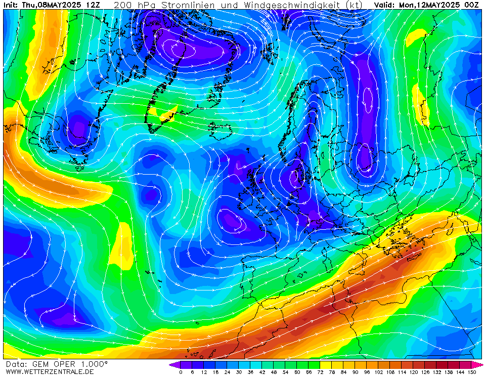 Výhled větru - vítr v 200hPa.