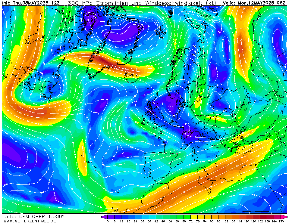 Výhled větru - vítr v 300hPa.