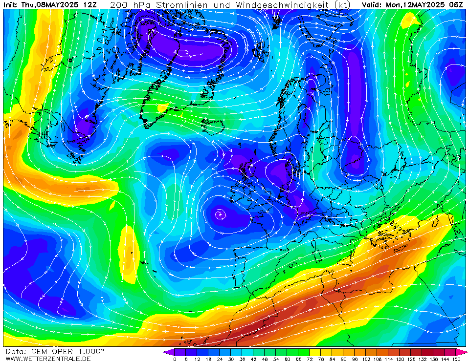 Výhled větru - vítr v 200hPa.