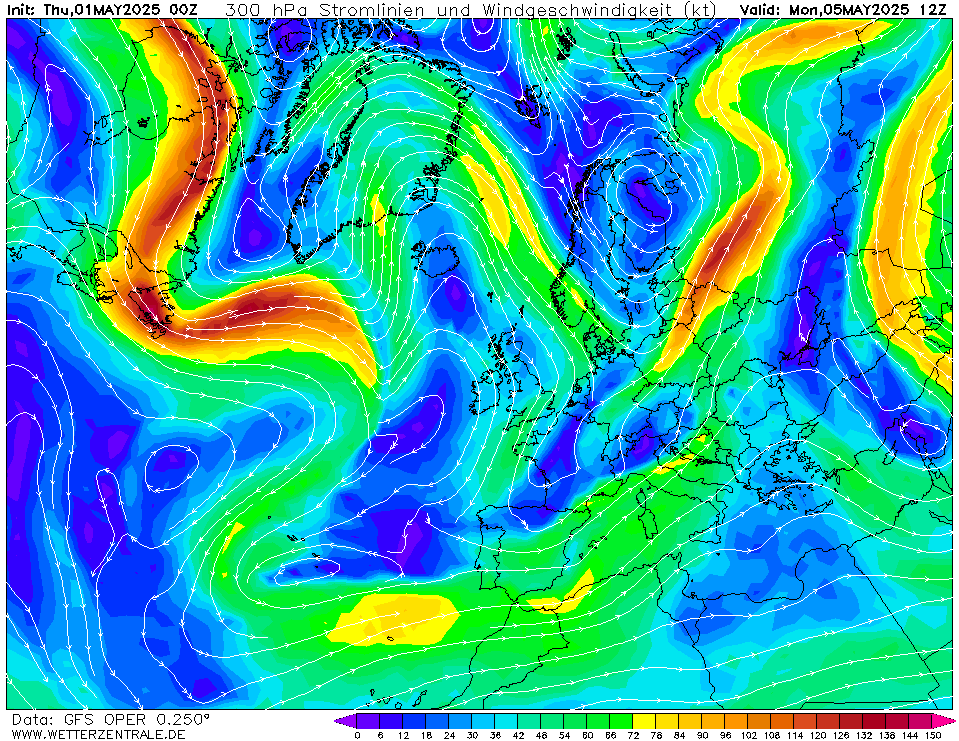 Výhled větru - vítr v 300hPa.