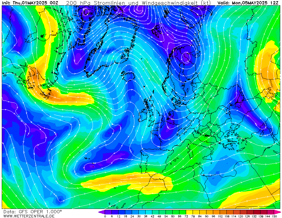 Výhled větru - vítr v 200hPa.