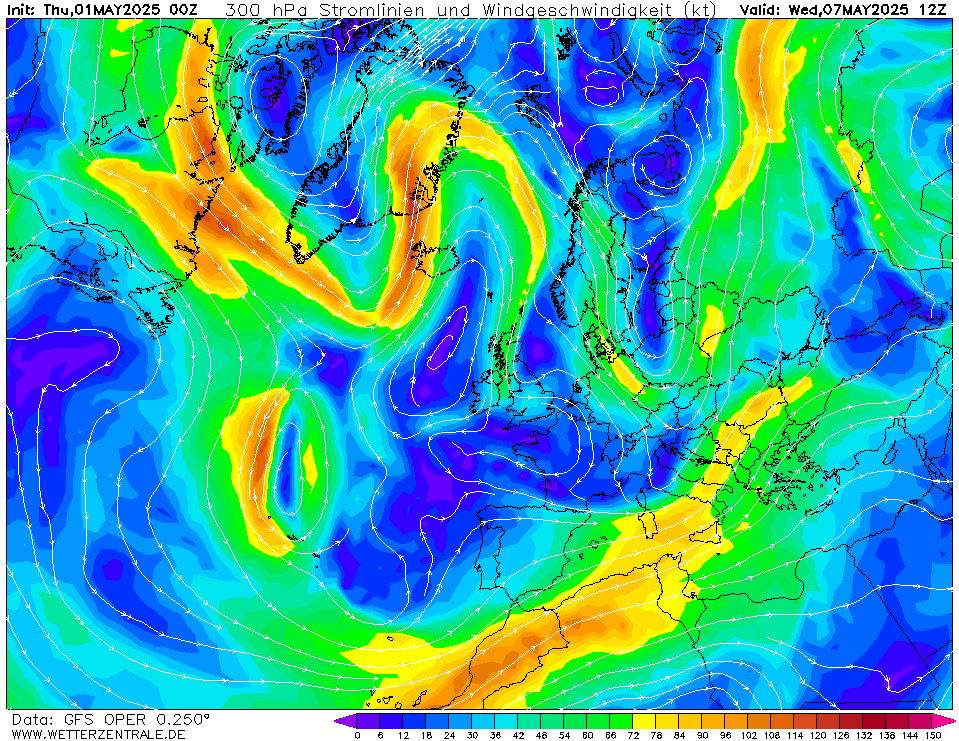 Výhled větru - vítr v 300hPa.