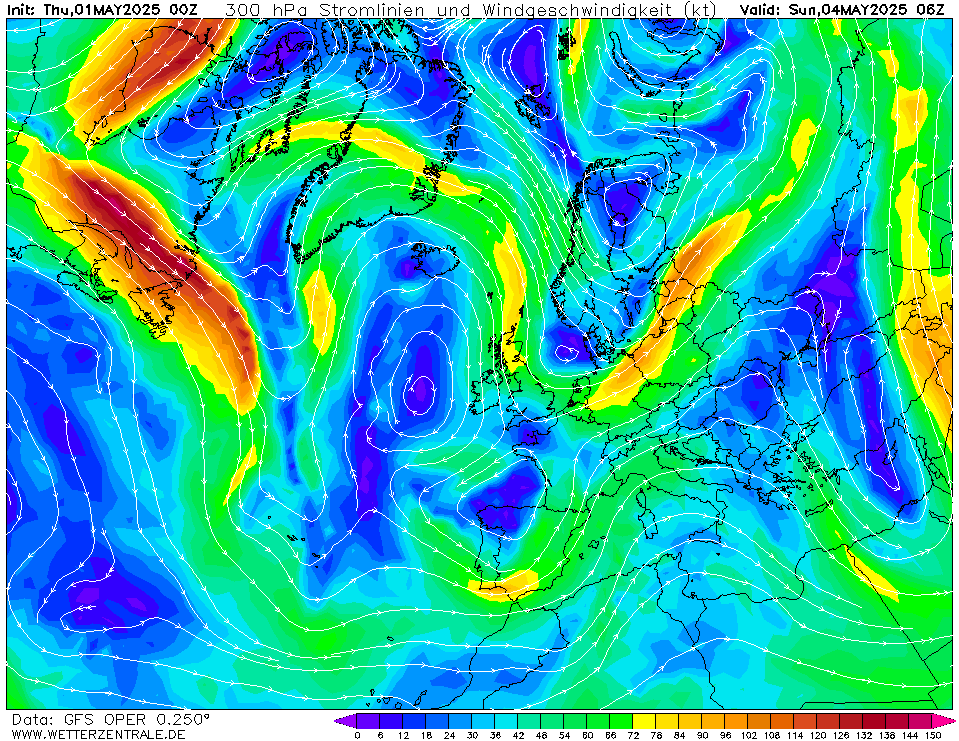 Výhled větru - vítr v 300hPa.