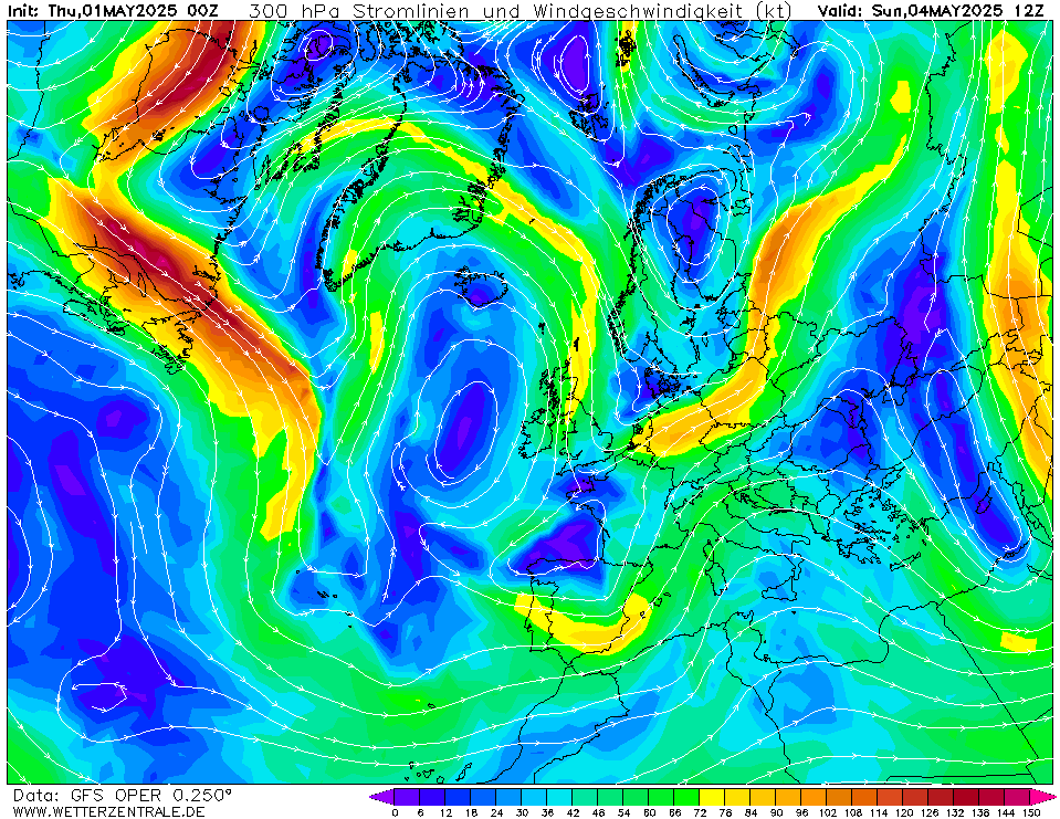 Výhled větru - vítr v 300hPa.