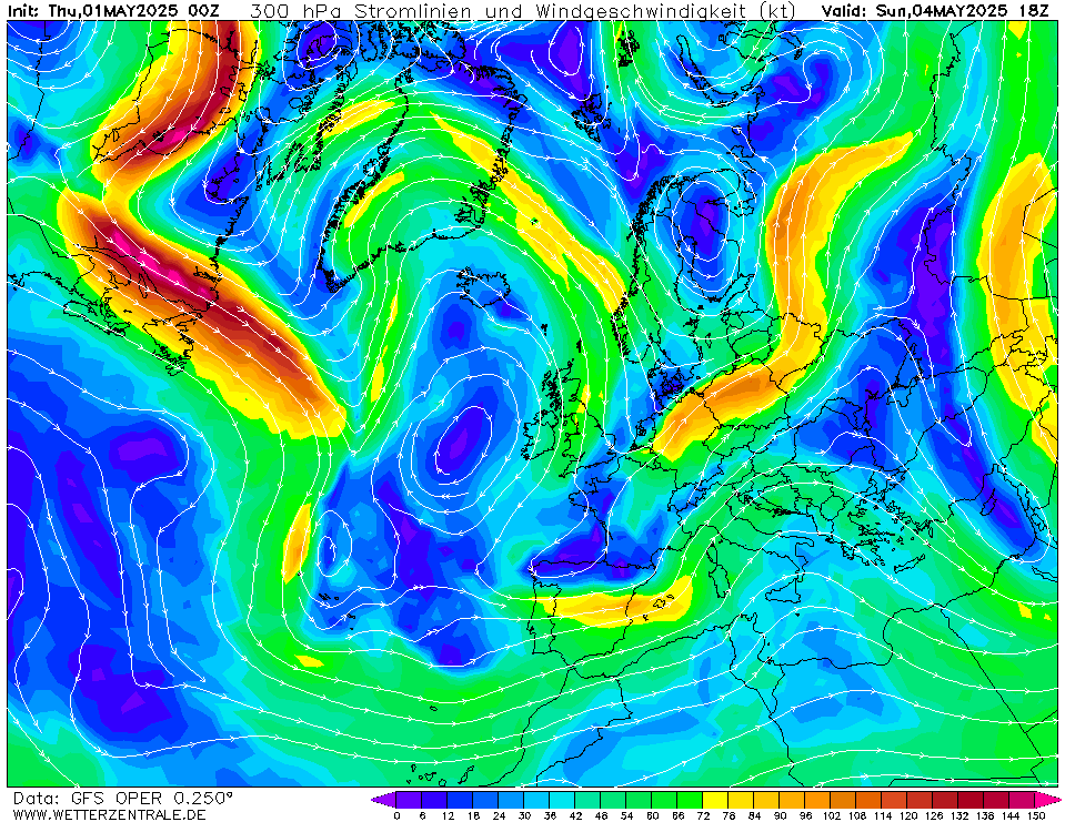 Výhled větru - vítr v 300hPa.