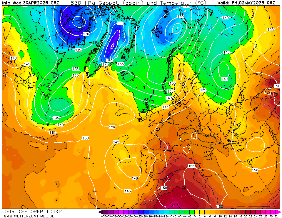 Geopotenziali e Temperature a 850 Hpa secondo GFS