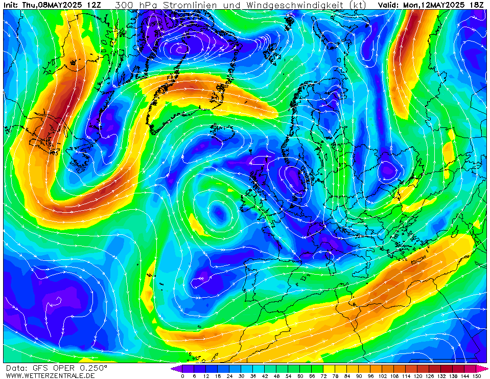 Výhled větru - vítr v 300hPa.