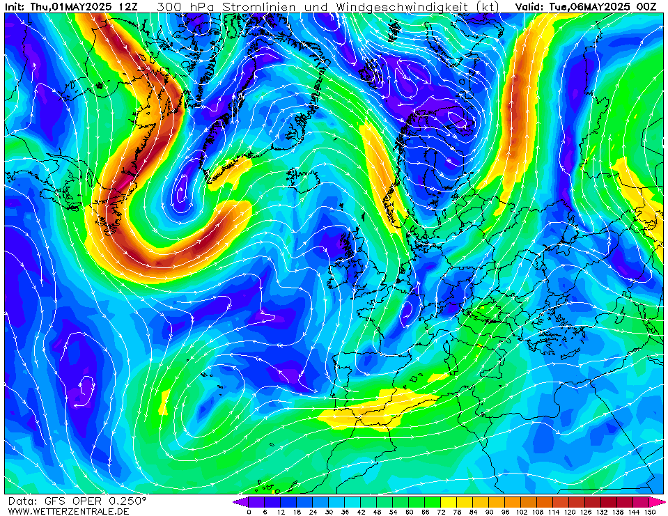 Výhled větru - vítr v 300hPa.