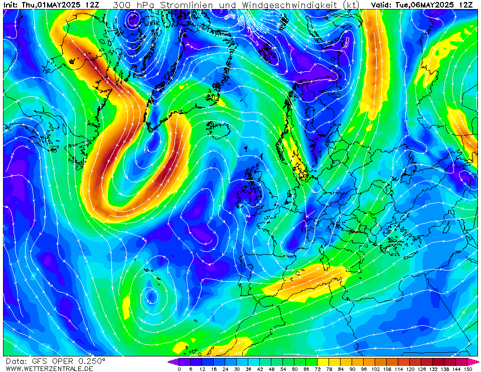 Výhled větru - vítr v 300hPa.