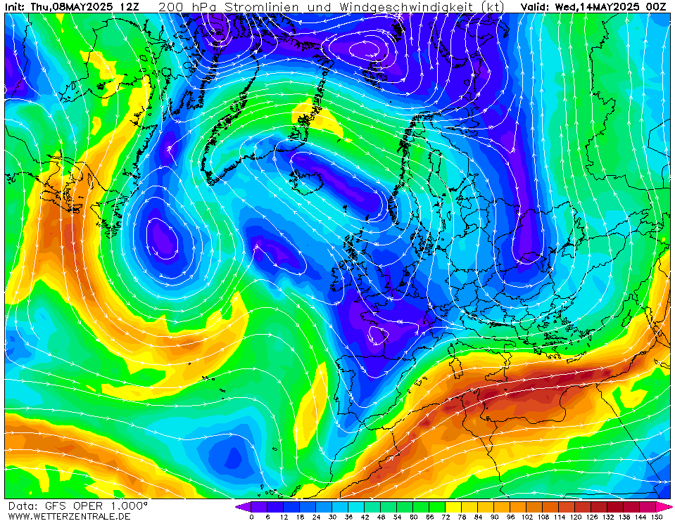 Výhled větru - vítr v 200hPa.