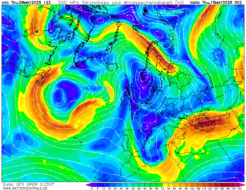 Výhled větru - vítr v 300hPa.