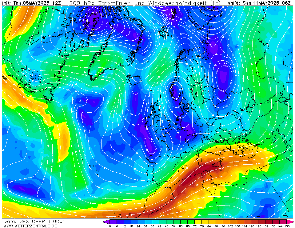 Výhled větru - vítr v 200hPa.