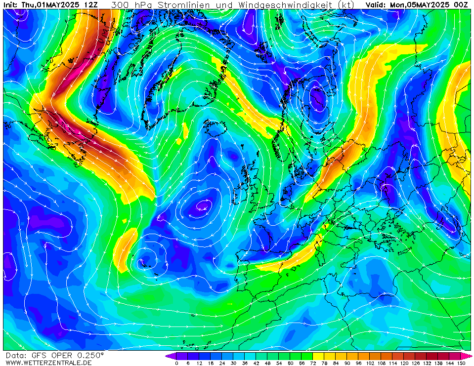 Výhled větru - vítr v 300hPa.