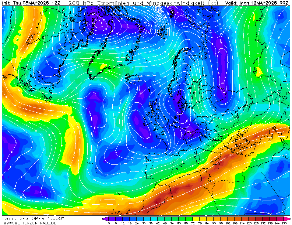 Výhled větru - vítr v 200hPa.