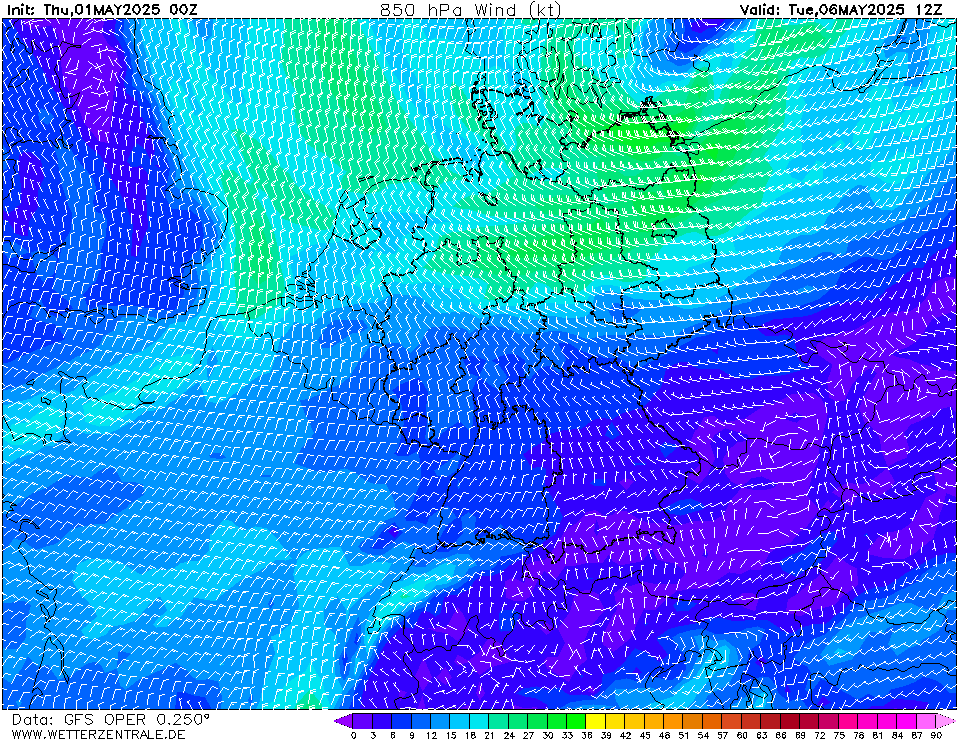 GFS Wind 850 hPa 132h