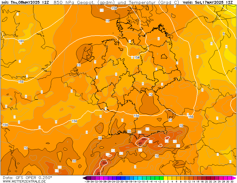 Dlouhodobé předpovědi - teplota vzduchu v 850hPa.