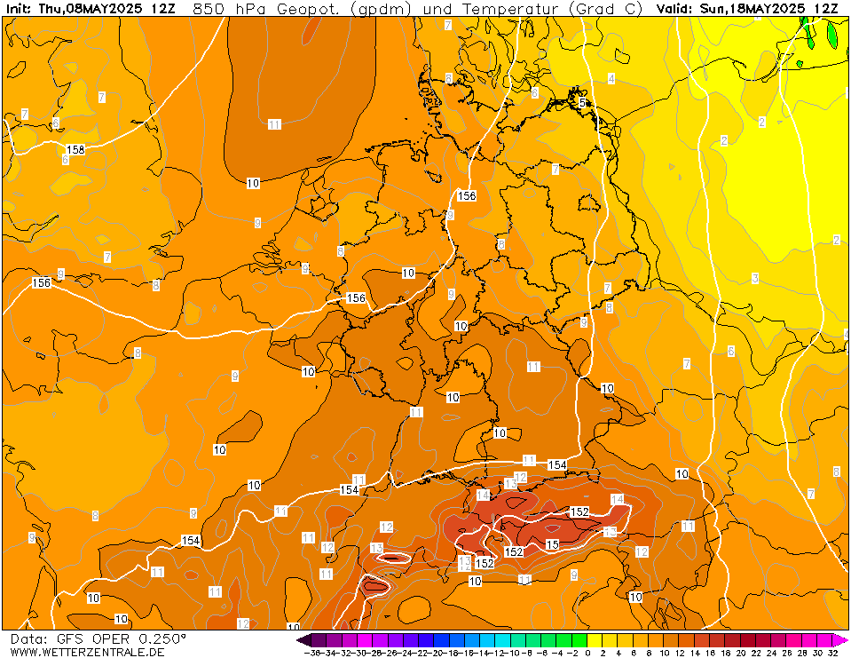 Dlouhodobé předpovědi - teplota vzduchu v 850hPa.