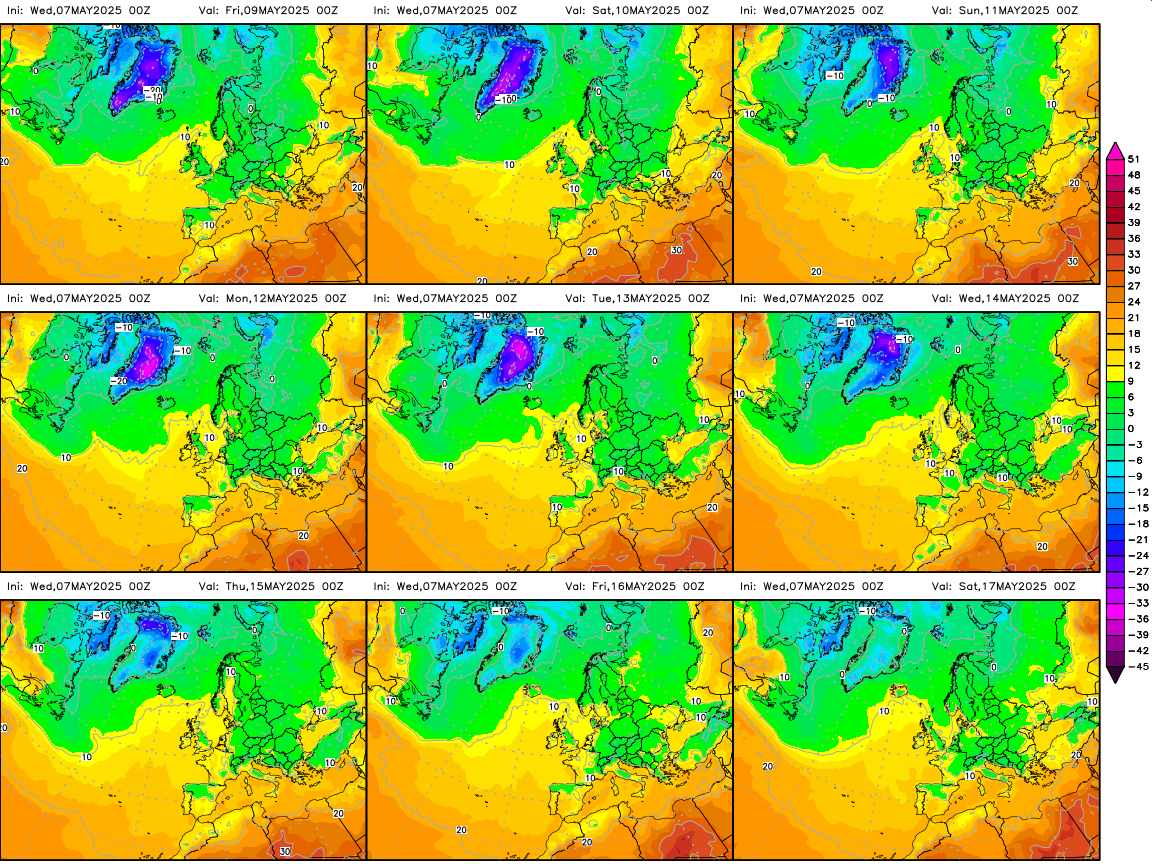 Mapa de temperaturas de superficie (2 metros de altura) para hoy y los prximos 8 das