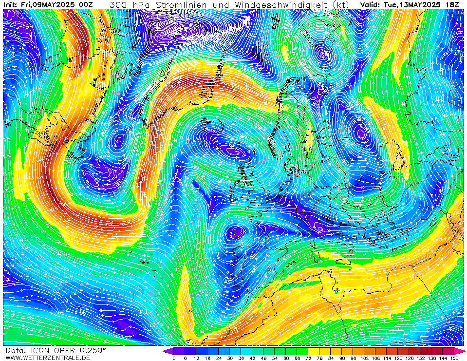 Výhled větru - vítr v 300hPa.