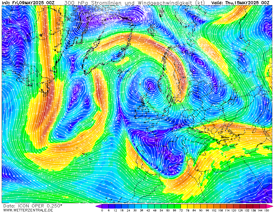 Výhled větru - vítr v 300hPa.