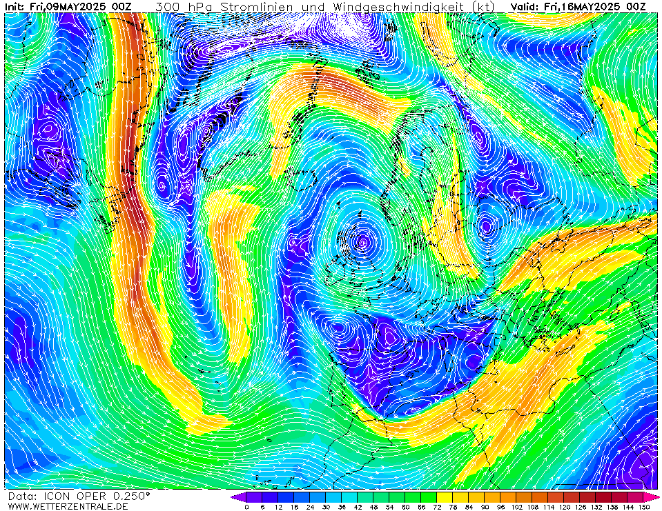 Výhled větru - vítr v 300hPa.