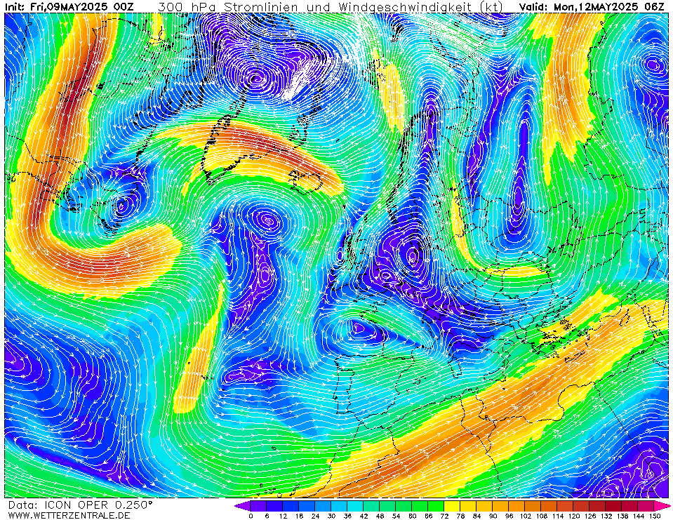 Výhled větru - vítr v 300hPa.