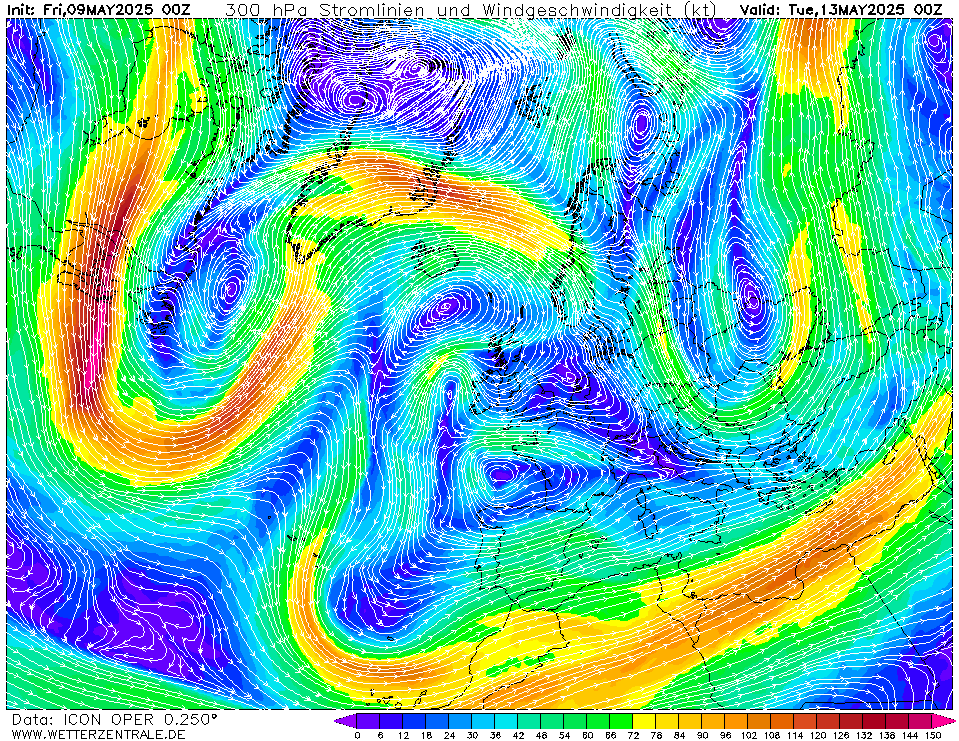 Výhled větru - vítr v 300hPa.