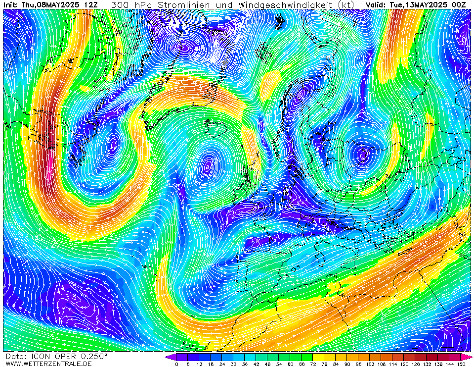 Výhled větru - vítr v 300hPa.