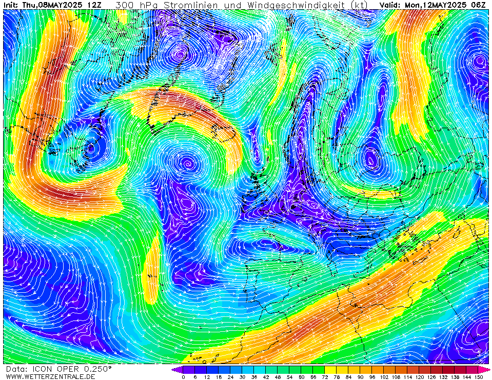 Výhled větru - vítr v 300hPa.