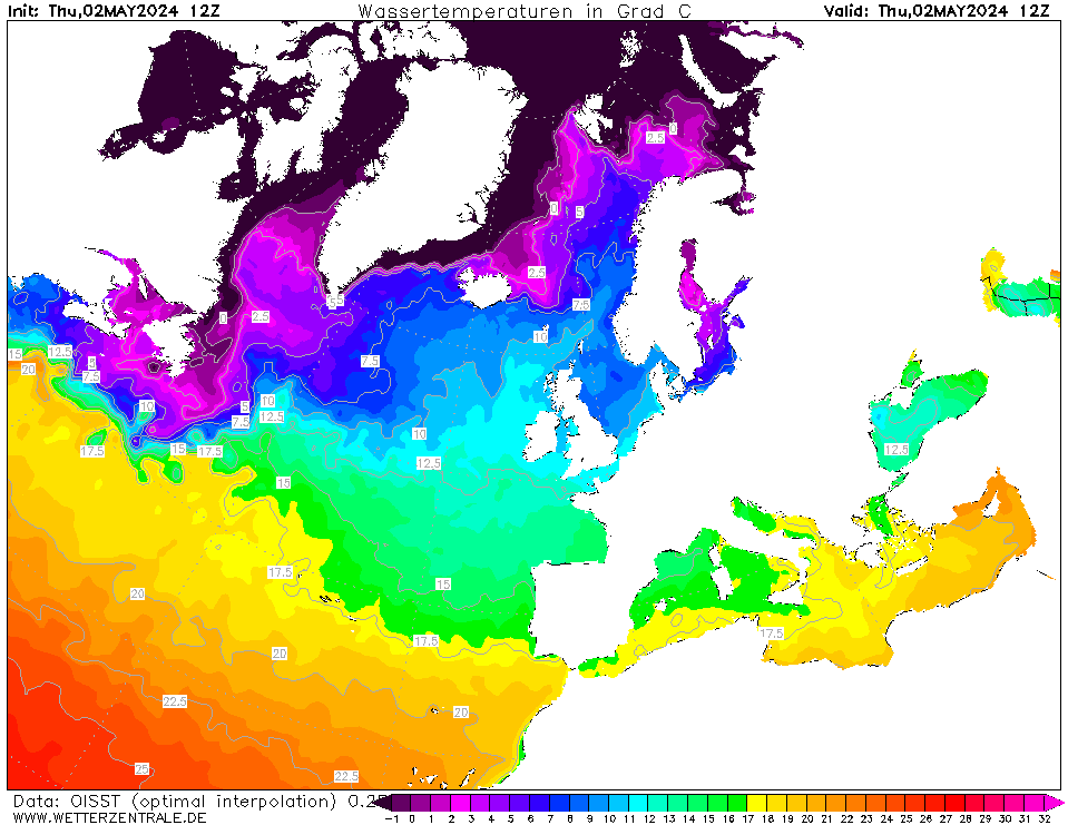 Temperatura del mare (NOAA): i valori sul mediterraneo e sul vicino atlantico