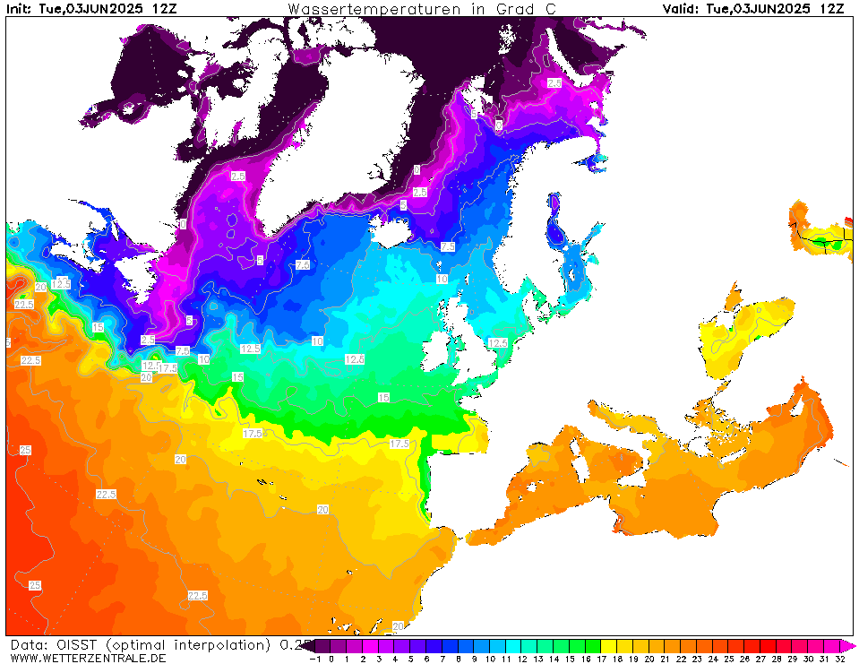 Temperatura del mare (NOAA): i valori sul mediterraneo e sul vicino atlantico