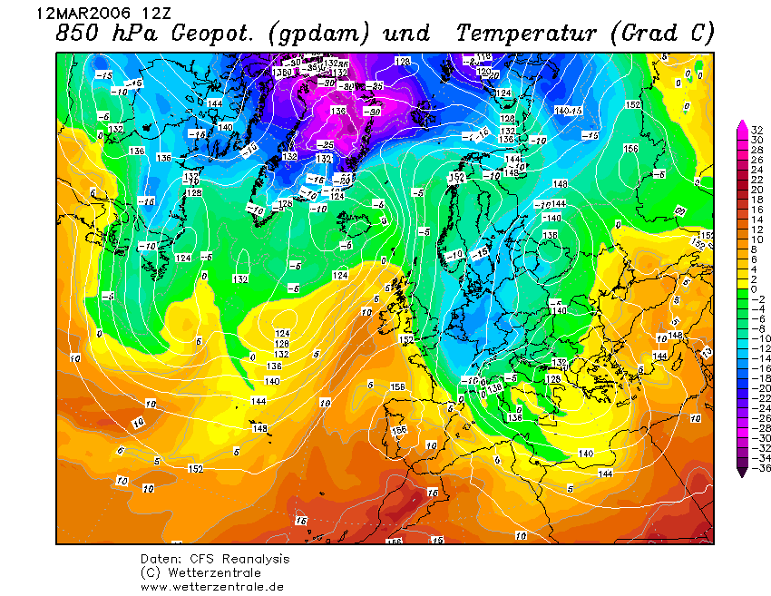 I v březnu může ležet sníh. Teplota vzduchu v 850hPa na 12.3.2006.