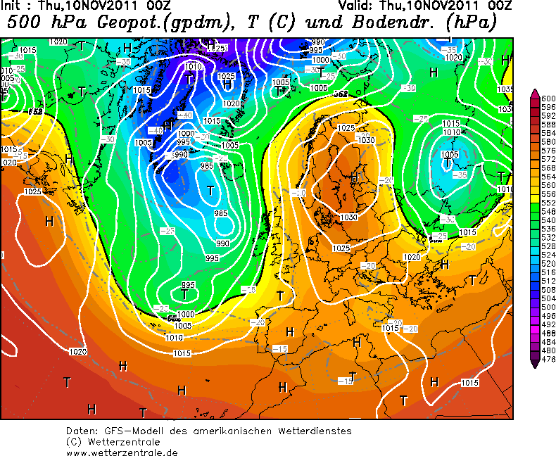Vznik a vývoj anticyklony. Mohutnější tlaková výše nad Skandinávií 10.11.2011 jako značně stabilní tlakový útvar.